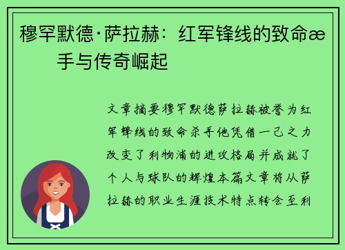 穆罕默德·萨拉赫:红军锋线的致命杀手与传奇崛起 穆罕默德·萨拉赫:红军锋线的致命杀手与传奇崛起
